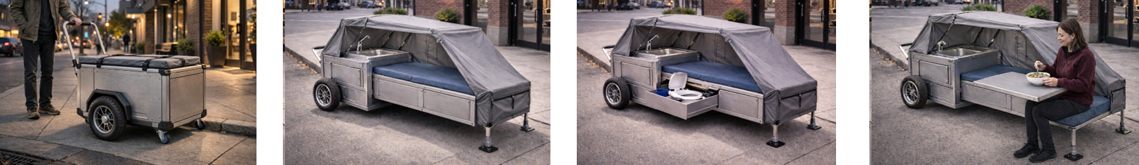 MCSU+H product photos: closed cart on a sidewalk, deployed with canopy and bed, toilet drawer open, and a person seated eating at the fold-down table